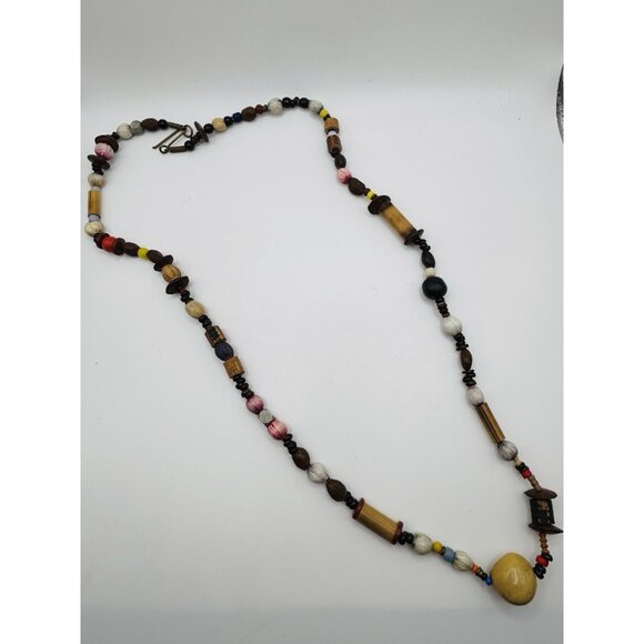 Multi Color Wood Bead Long Necklace 28” Boho Bohemian - Picture 1 of 5